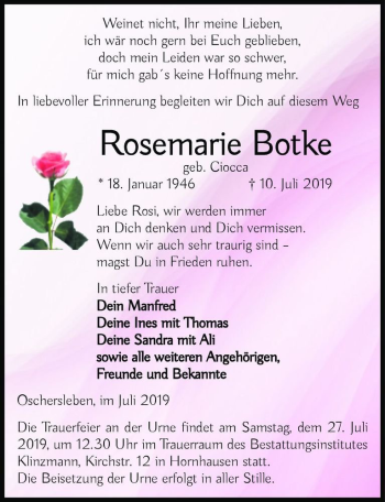 Traueranzeige von Rosemarie Botke (geb. Ciocca)  von Magdeburger Volksstimme