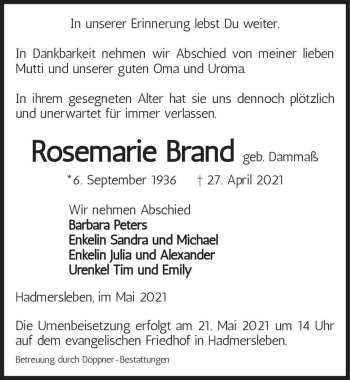 Traueranzeige von Rosemarie Brand (geb. Danmaß)  von Magdeburger Volksstimme