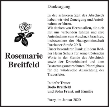 Traueranzeige von Rosemarie Breitfeld  von Magdeburger Volksstimme