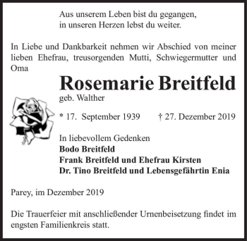 Traueranzeige von Rosemarie Breitfeld (geb. Walther)  von Magdeburger Volksstimme