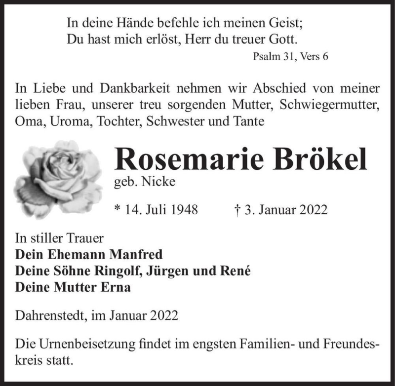  Traueranzeige für Rosemarie Brökel (geb. Nicke)  vom 08.01.2022 aus Magdeburger Volksstimme