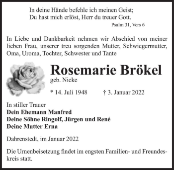 Traueranzeige von Rosemarie Brökel (geb. Nicke)  von Magdeburger Volksstimme
