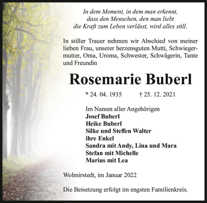  Traueranzeige für Rosemarie Buberl  vom 08.01.2022 aus Magdeburger Volksstimme