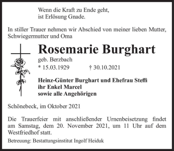 Traueranzeige von Rosemarie Burghart (geb. Berzbach)  von Magdeburger Volksstimme