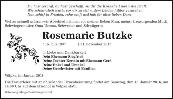 Traueranzeige von Rosemarie Butzke  von Magdeburger Volksstimme