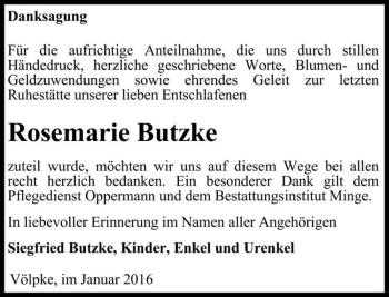 Traueranzeige von Rosemarie Butzke  von Magdeburger Volksstimme