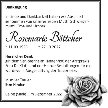 Traueranzeige von Rosemarie Böttcher  von Magdeburger Volksstimme