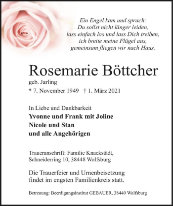 Traueranzeige von Rosemarie Böttcher (geb. Jarling)  von Magdeburger Volksstimme