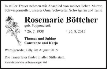Traueranzeige von Rosemarie Böttcher (geb. Poppendieck)  von Magdeburger Volksstimme
