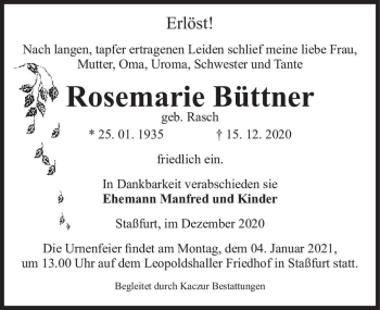 Traueranzeige von Rosemarie Büttner (geb. Rasch)  von Magdeburger Volksstimme