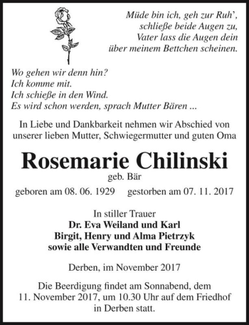 Traueranzeige von Rosemarie Chilinski (geb. Bär)  von Magdeburger Volksstimme