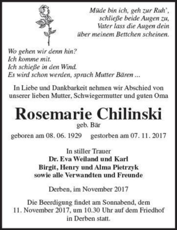 Traueranzeige von Rosemarie Chilinski (geb. Bär)  von Magdeburger Volksstimme