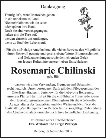 Traueranzeige von Rosemarie Chilinski (geb. Bär)  von Magdeburger Volksstimme