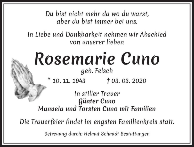  Traueranzeige für Rosemarie Cuno (geb. Felsch)  vom 14.03.2020 aus Magdeburger Volksstimme
