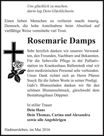 Traueranzeige von Rosemarie Damps  von Magdeburger Volksstimme