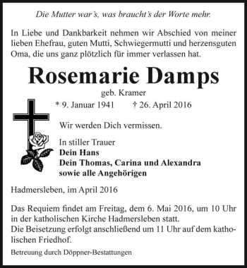 Traueranzeige von Rosemarie Damps (geb. Kramer)  von Magdeburger Volksstimme