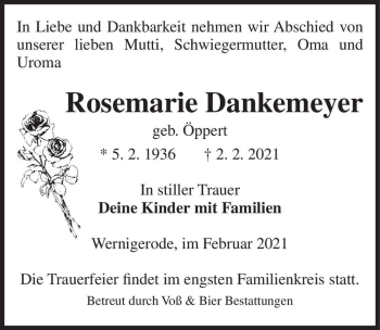 Traueranzeige von Rosemarie Dankemeyer (geb. Öppert)  von Magdeburger Volksstimme
