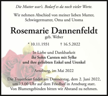 Traueranzeige von Rosemarie Dannenfeldt (geb. Weber)  von Magdeburger Volksstimme