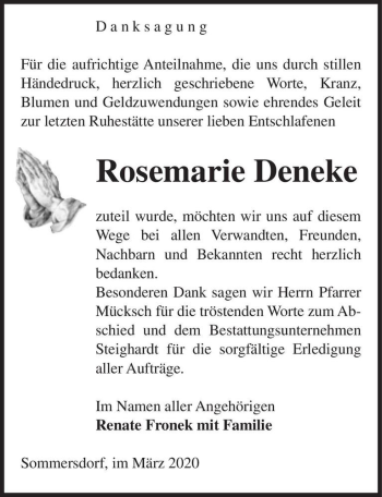 Traueranzeige von Rosemarie Deneke  von Magdeburger Volksstimme