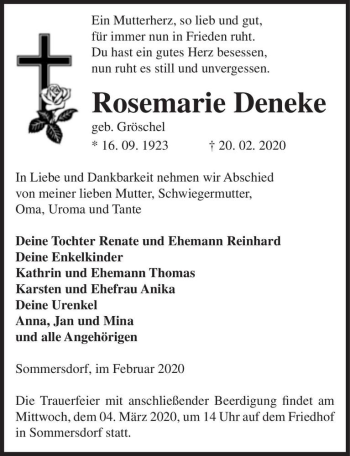 Traueranzeige von Rosemarie Deneke (geb. Gröschel)  von Magdeburger Volksstimme