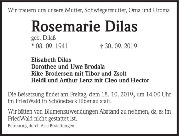 Traueranzeige von Rosemarie Dilas (geb. Dilaß)  von Magdeburger Volksstimme