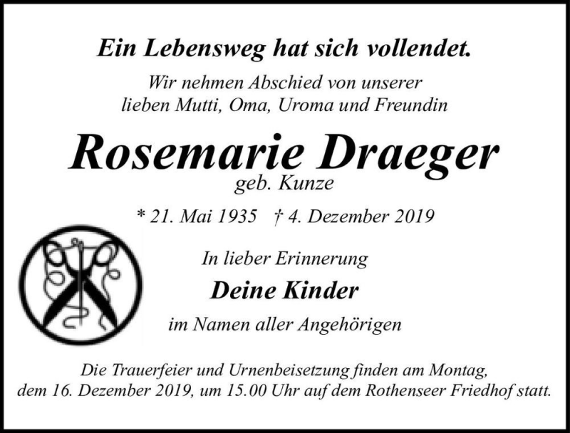  Traueranzeige für Rosemarie Draeger (geb. Kunze)  vom 14.12.2019 aus Magdeburger Volksstimme
