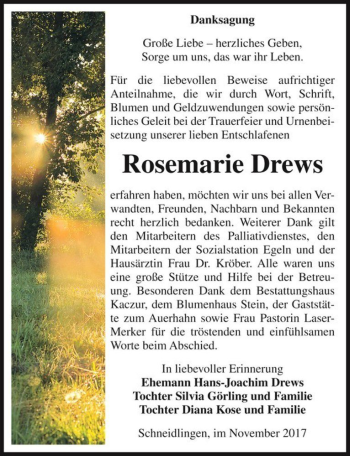 Traueranzeige von Rosemarie Drews  von Magdeburger Volksstimme