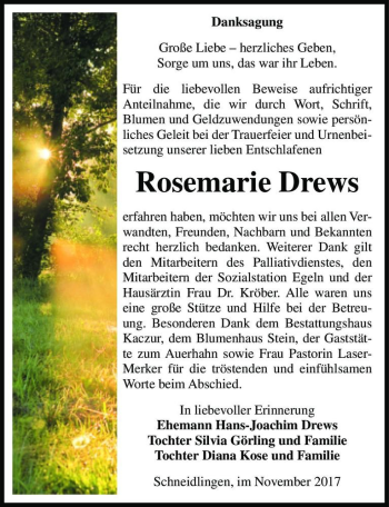 Traueranzeige von Rosemarie Drews  von Magdeburger Volksstimme