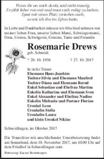 Traueranzeige von Rosemarie Drews (geb. Schmidt)  von Magdeburger Volksstimme