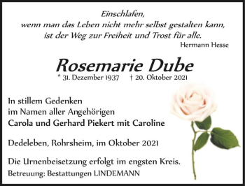 Traueranzeige von Rosemarie Dube  von Magdeburger Volksstimme