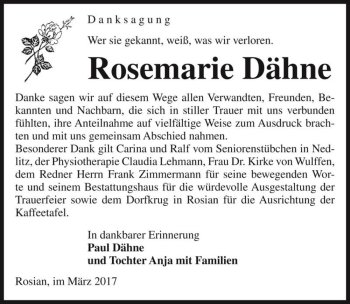 Traueranzeige von Rosemarie Dähne  von Magdeburger Volksstimme