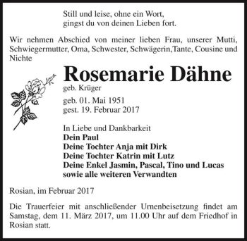 Traueranzeige von Rosemarie Dähne (geb. Krüger)  von Magdeburger Volksstimme