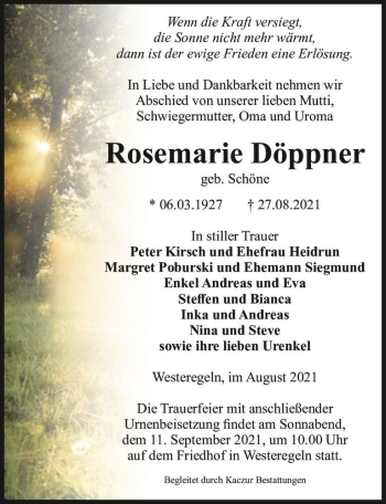 Traueranzeige von Rosemarie Döppner (geb. Schöne)  von Magdeburger Volksstimme