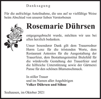 Traueranzeige von Rosemarie Dührsen  von Magdeburger Volksstimme