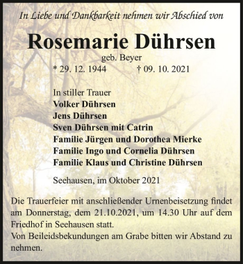 Traueranzeige von Rosemarie Dührsen (geb. Beyer)  von Magdeburger Volksstimme