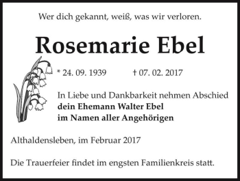Traueranzeige von Rosemarie Ebel  von Magdeburger Volksstimme