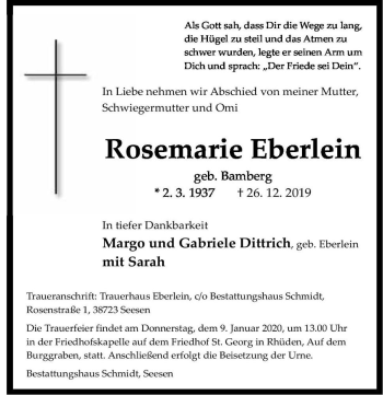 Traueranzeige von Rosemarie Eberlein (geb. Bamberg)  von Magdeburger Volksstimme