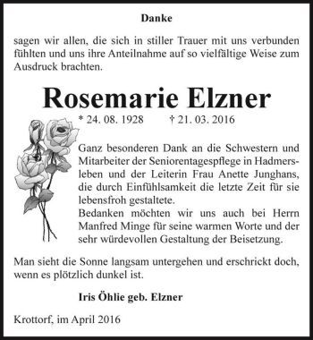 Traueranzeige von Rosemarie Elzner  von Magdeburger Volksstimme