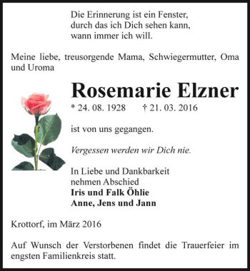 Traueranzeige von Rosemarie Elzner  von Magdeburger Volksstimme