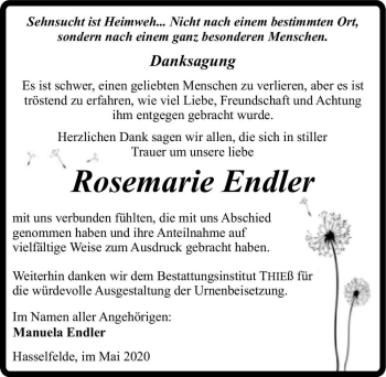 Traueranzeige von Rosemarie Endler  von Magdeburger Volksstimme