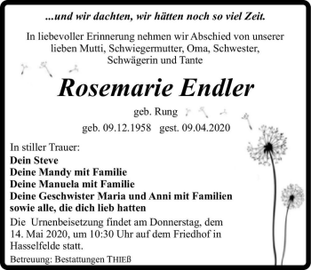 Traueranzeige von Rosemarie Endler (geb. Rung)  von Magdeburger Volksstimme