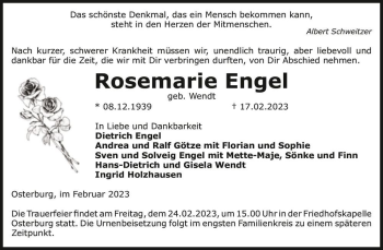 Traueranzeige von Rosemarie Engel (geb. Wendt)  von Magdeburger Volksstimme