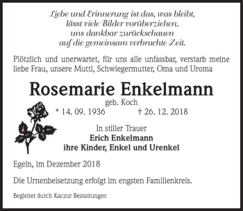 Traueranzeige von Rosemarie Enkelmann (geb. Koch)  von Magdeburger Volksstimme