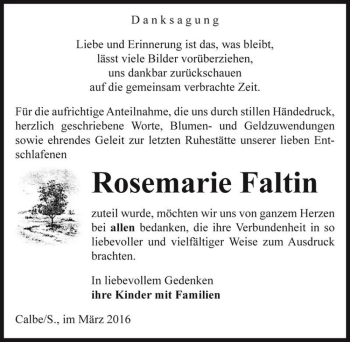 Traueranzeige von Rosemarie Faltin  von Magdeburger Volksstimme
