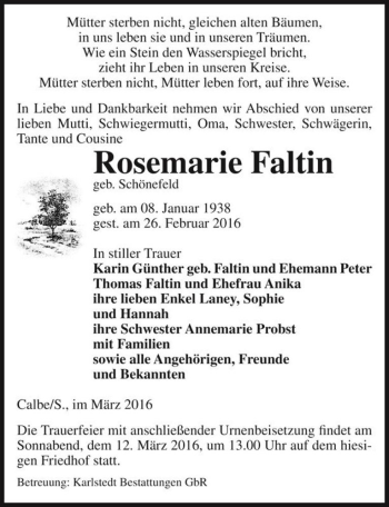Traueranzeige von Rosemarie Faltin (geb. Schönefeld)  von Magdeburger Volksstimme