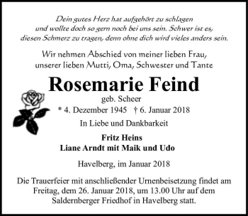Traueranzeige von Rosemarie Feind (geb. Scheer)  von Magdeburger Volksstimme