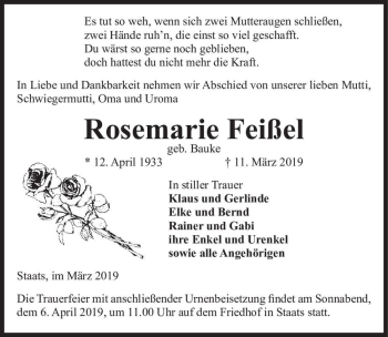Traueranzeige von Rosemarie Feißel (geb. Bauke)  von Magdeburger Volksstimme