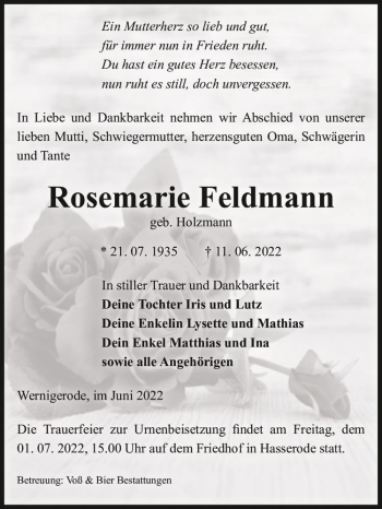 Traueranzeige von Rosemarie Feldmann (geb. Holzmann)  von Magdeburger Volksstimme