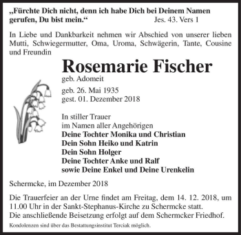 Traueranzeige von Rosemarie Fischer (geb. Adomeit)  von Magdeburger Volksstimme