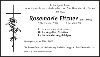 Traueranzeige von Rosemarie Fitzner (geb. Dennig)  von Magdeburger Volksstimme